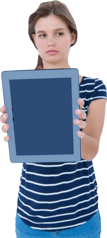 Woman Displaying Transparent Tablet PC with Blue Screen