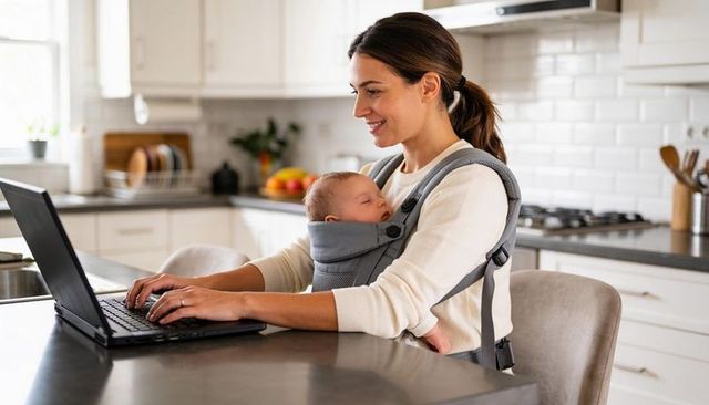 Working mother carrying sleeping baby in gray carrier at sunlit modern kitchen island