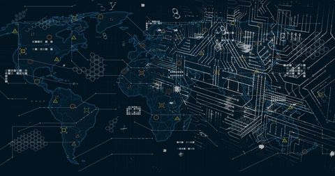 Futuristic Global Network Map with Circuit Traces, Data Nodes and Tech Connectivity