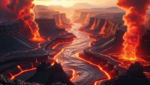 Majestic lava river flowing through volcanic canyon at sunset