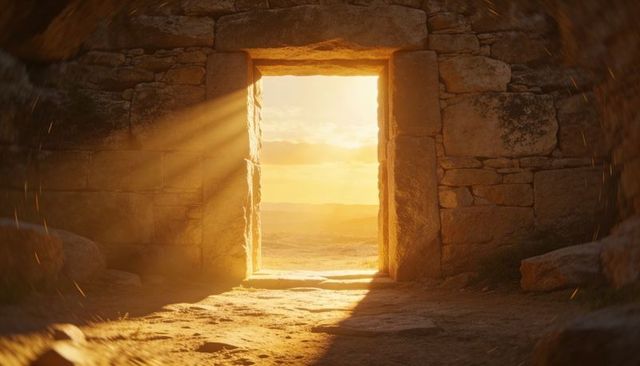 Golden Sunlight Streaming Through Ancient Stone Doorway Over Desert Horizon at Golden Hour