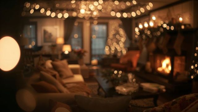 Cozy living room glowing fireplace, plush sofa and coffee table with bokeh holiday lights