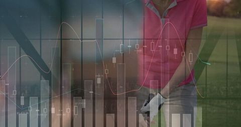 Golfer preparing swing starting overlay stock market charts