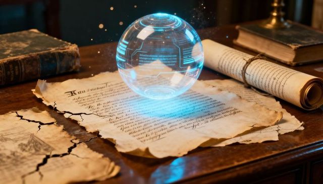 Hovering Holographic Sphere Projecting Futuristic Circuit Text Over Ancient Manuscript