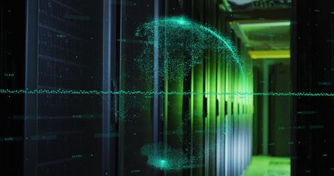 Digital Globe Overlay on Modern Data Server Room with Green Lights - Download Free Stock Images Pikwizard.com
