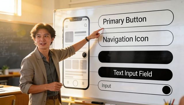 Ux designer presenting mobile app wireframe prototype on whiteboard during design workshop