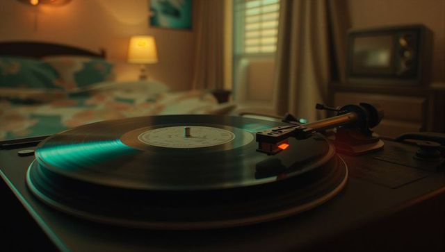 Vintage turntable playing record in cozy bedroom setting