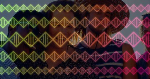 Friends with neon dna overlay celebrating connectivity outdoors