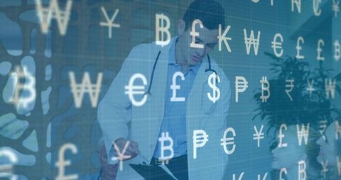 Doctor reviewing patient chart with floating currency symbols representing healthcare finance and ar