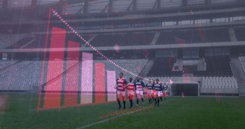 Rugby Players Amid Floating Virus and Graph Symbolism