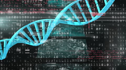 DNA Strand with Binary Code and Cityscape Overlay