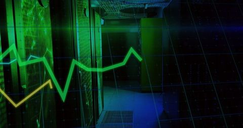 Neon Green Data Center Corridor with Live Analytics Overlay Showing Server Performance
