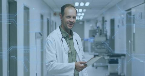 Doctor Analyzing Data in High-Tech Hospital Corridor