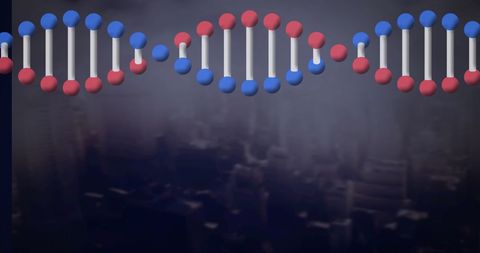 Digital DNA Strand Overlaying Urban Cityscape