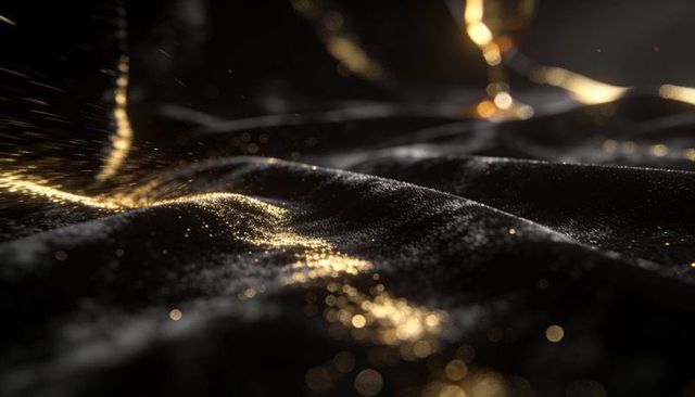 Catching warm light on black velvet ridges scattering gold glitter bokeh macro texture
