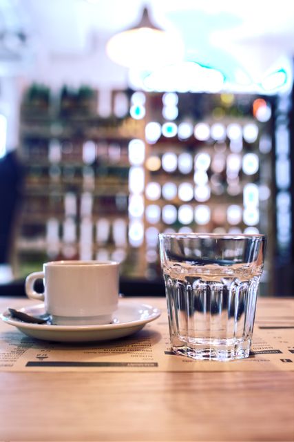 Coffee cup with glass of water on wooden table in bright cafe - Download Free Stock Photos Pikwizard.com