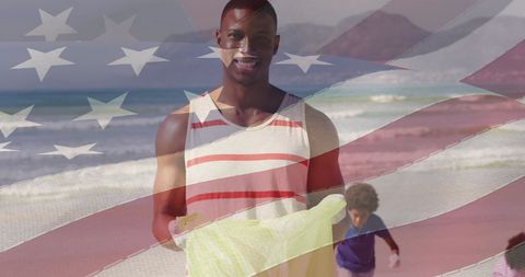 Father and Son Beach Cleanup with US Flag Overlay
