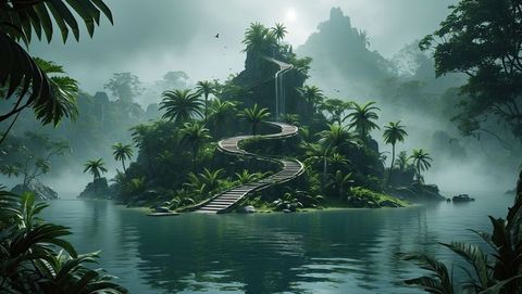 Misty tropical island with lush forest and wooden staircase