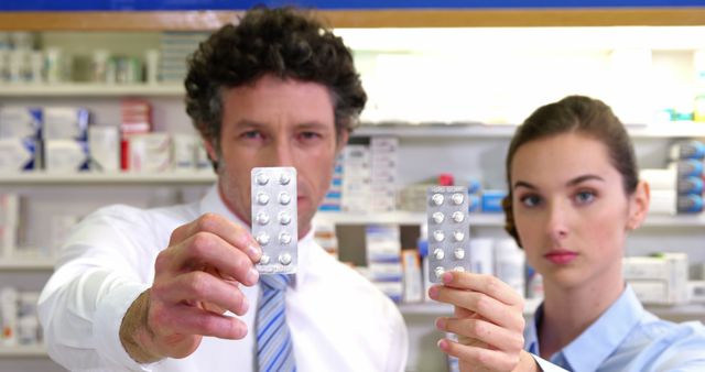 Pharmacists Displaying Medication Blister Packs in Pharmacy - Download Free Stock Photos Pikwizard.com