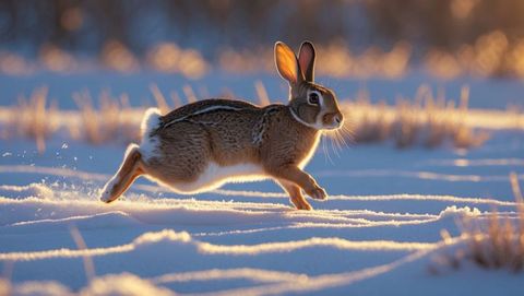 Cottontail rabbit bounding across snowy field at sunset