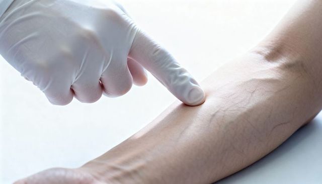 Clinician pressing gloved fingertip on forearm revealing veins for venipuncture and iv access