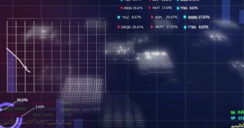 Futuristic Holographic Data Dashboard with Gridded Chart, 3D Dotted Tiles and Neon HUD