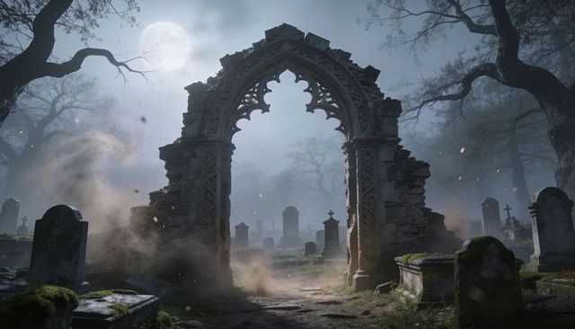 Moonlit gothic ruins arch guiding misty path through haunted graveyard at night