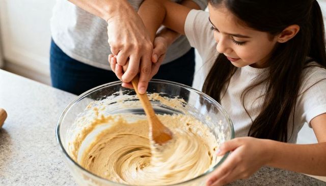 Parent guiding child stirring batter together in kitchen for baking lesson, family bonding
