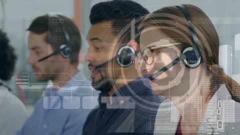Diverse Call Center Team With Futuristic Data Overlay