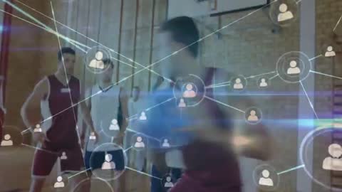 Teammates Playing Basketball with Digital Network Overlay