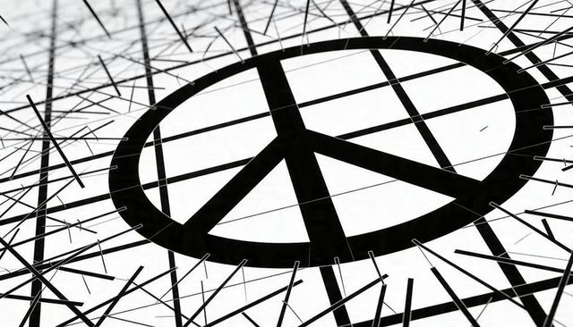 Peace symbol intersecting wireframe grid and thin rods — monochrome geometric abstraction
