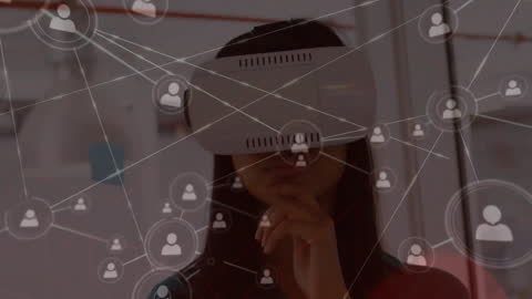Pensive Woman Experiencing Virtual Reality with Global Network Overlay