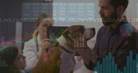 Veterinarian examining dog with data analytics overlay in clinic