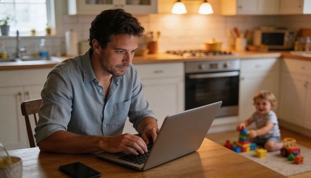 Working father typing on laptop in kitchen while toddler stacking colorful blocks