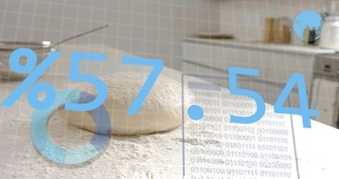 Round dough proofing on floured counter with augmented reality baking data overlay