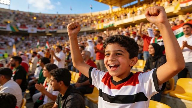 Young boy cheering and raising fists in vibrant football stadium crowd with flags