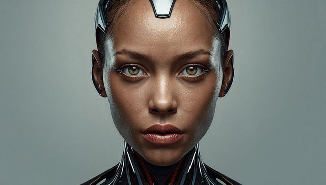 Futuristic female cyborg portrait wearing metallic headpiece and glossy tech neckwear