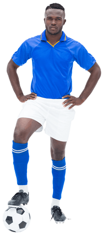 Serious football player posing confidently on transparent background