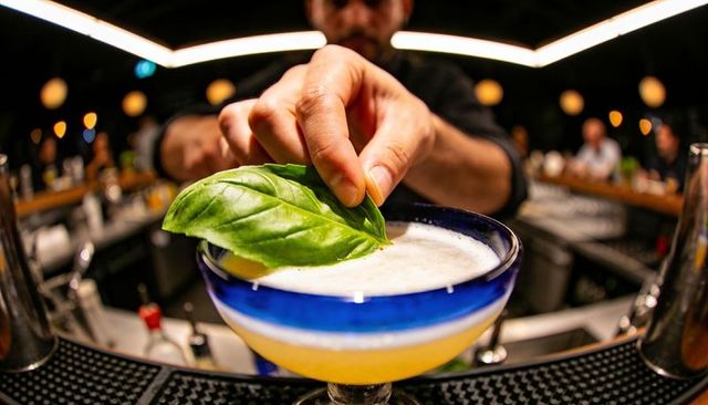 Bartender garnishing citrus cocktail with basil leaf in blue-rim coupe