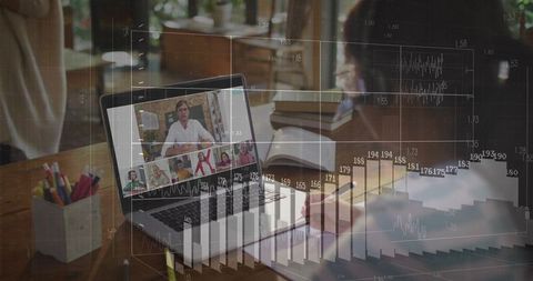 Teacher on laptop with rising bar charts overlay for remote home learning and analytics