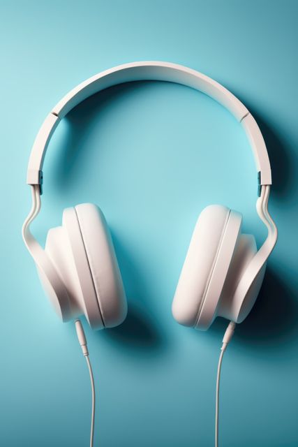 Close up of white headphones with wires on blue background created using generative ai technology. Technology and music concept digitally generated image.