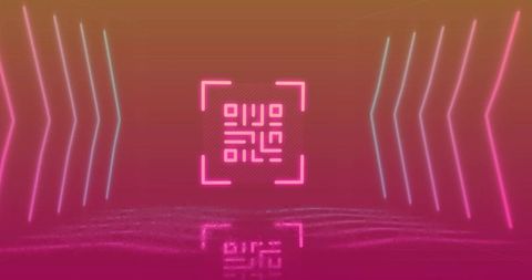 Neon qr glyph in futuristic studio pink glow reflective ripple floor chevron lights