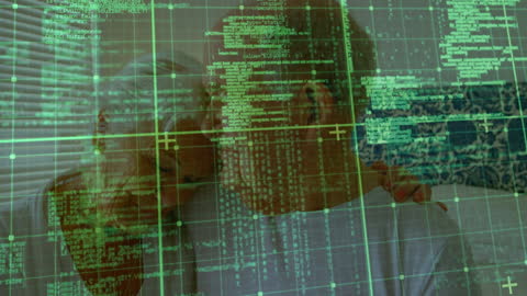 Futuristic Technology Overlays Couple Thoughtfully Embracing