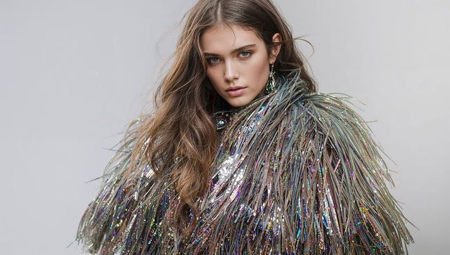 Metallic fringe couture portrait featuring model wearing sequin coat and statement earring