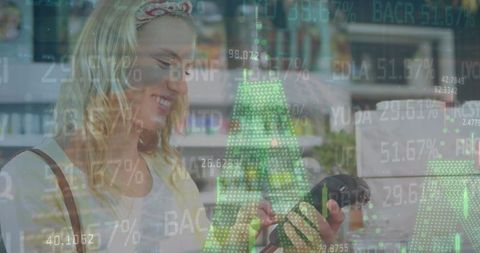 Woman Engaging in Mobile Payment with Digital Infographics Overlay