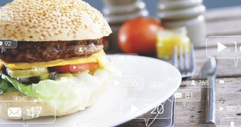 Sitting sesame cheeseburger with lettuce and tomato on plate with social media overlays