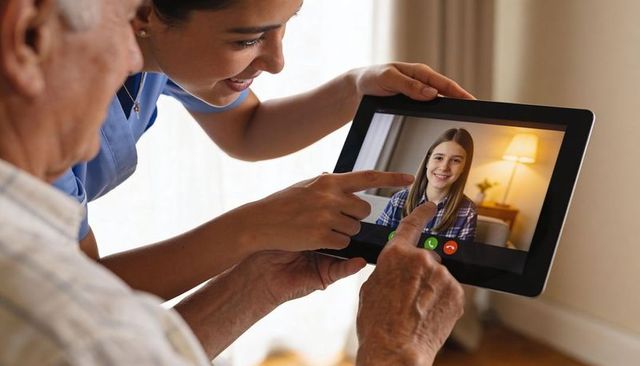 Caregiver guiding senior using tablet for video call with family and telehealth at home