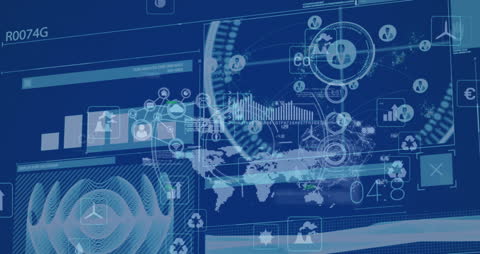 Digital Data Processing Interface with Global Technology Icons Overlay