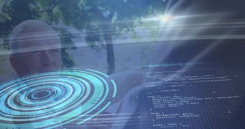 Business Colleagues Collaborating with Holographic HUD and Code Overlay in Sunlit Park