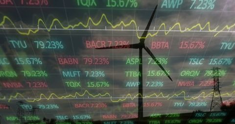 Financial Data Overlaying Wind Turbine at Dusk